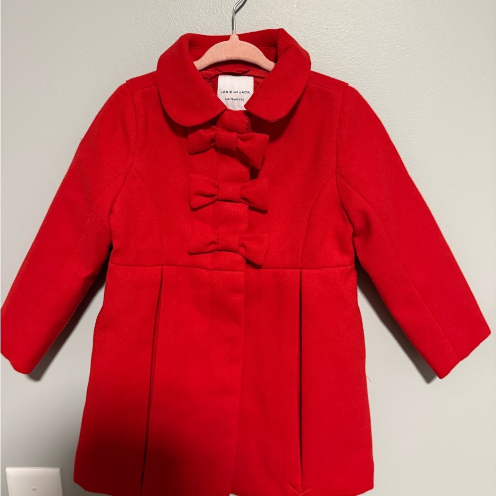 Janie and Jack Vibrant Red Pea Coat with Bow Details